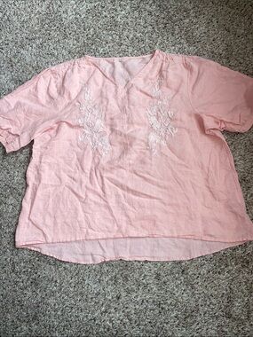 Women's Pink Embroidered V-Neck 100% Linen Top Boho High low size 2XL